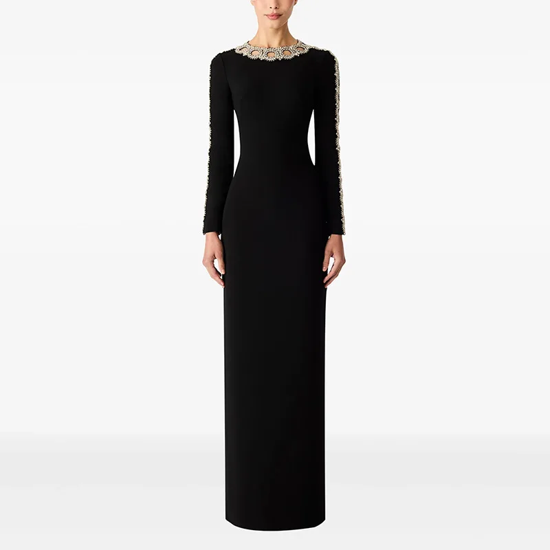 Luxurious Black Prom Birthday Dress O-neck Crystal Beads Long Illusion Sleeves Evening Gowns Pageant Formal Party Gowns