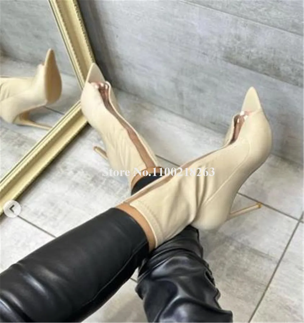 PVC Patchwotk Thin Heel Short Boots Pointed Open Toe Black Beige Elastic Stiletto Heel Ankle Booties Big Size Party Heels