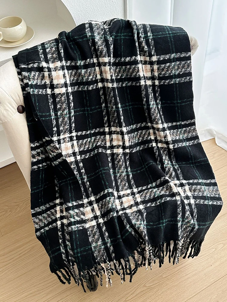 

Осень женский зимний вязаный шарф в стиле ретро, платок для женщин и мужчин, повседневный черный клетчатый шарф, мужской платок, шаль унисекс, модная корейская