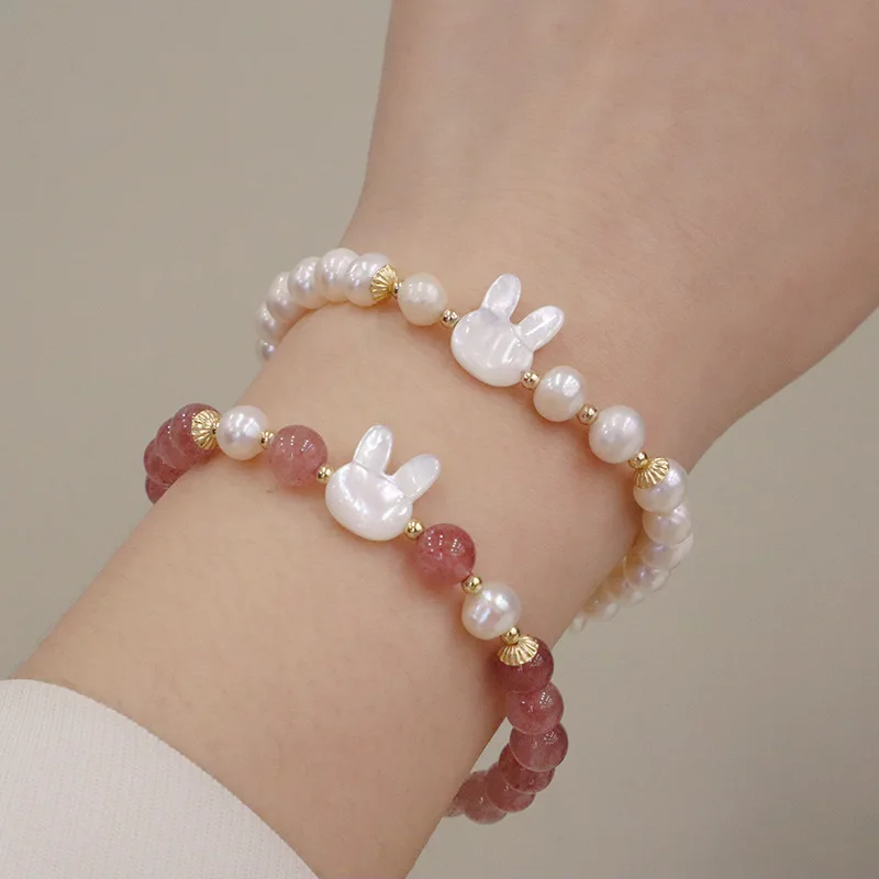 Pulsera de perlas de agua dulce de cristal de fresa Natural para mujer, Concha linda, conejo, nicho, temperamento, regalo de novia, corazón para niña