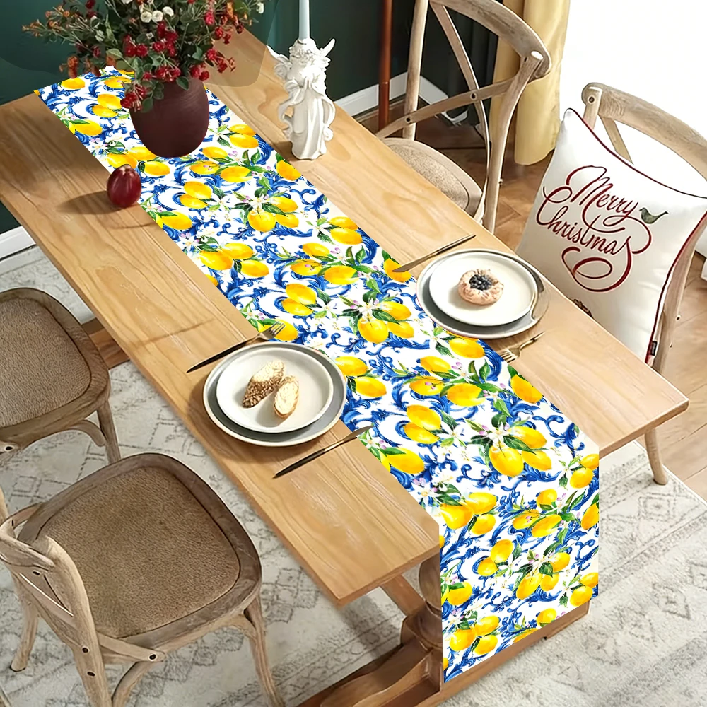 Chemin de table imprimé en porcelaine bleu citron, style méditerranéen estival, pour salle à manger, café, buffet, mariage, banquet