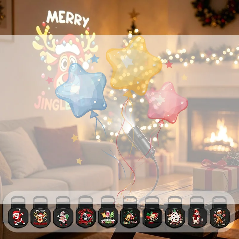 USB Christmas Projector Light With 3/6/10 Films Xmas Pattern Projection Lamp For Bedroom Decor Party Ambient Lighting