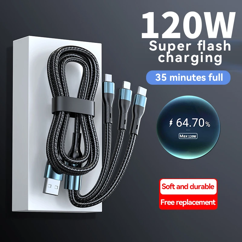 120W 5A 3 In 1 USB Fast Charging Cable  Type C Micro USB Cable Data Cord For Realme Samsung Huawei P50 Phone USB Charging Cable