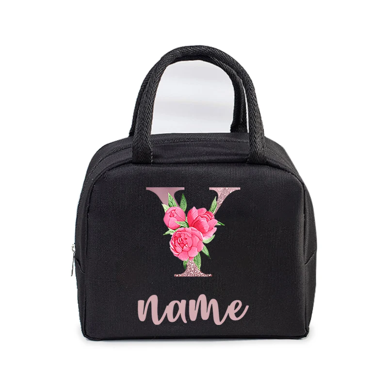 Custom Initial with Name Insulated Lunch Bag for Women Men Kids Cooler Pouch Thermal Pouch Portable DIY Flower Letter Lunch Bag