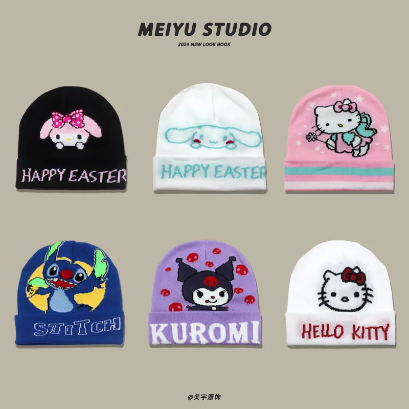 Saniro Hello Kitty Knitted Hat Women Anime Cute Cartoon Cinnamoroll Melody Kuromi Children Winter Warm Knitted Cap