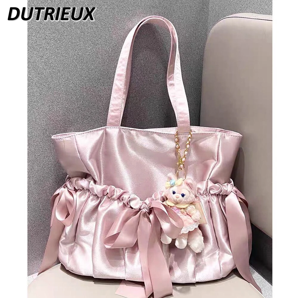 2024 New Spring Autumn Ladies' Hangbags Satin Japanese Style Pleated Bow Shoulder Bag Sweet Cute Large Capacity Bags for Women