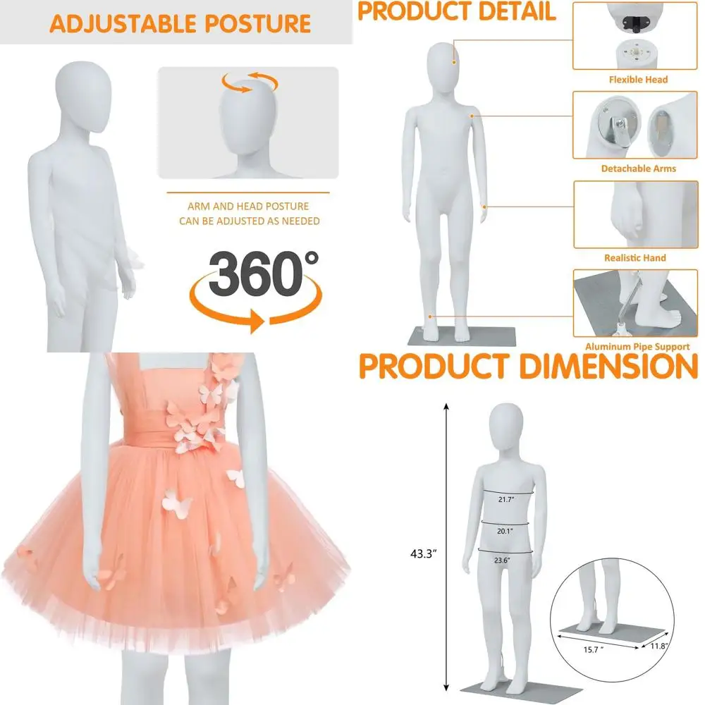 

43 Adjustable Child Mannequin with Metal Base, Detachable Dress Model, Realistic Display for Boys & Girls Clothing, White