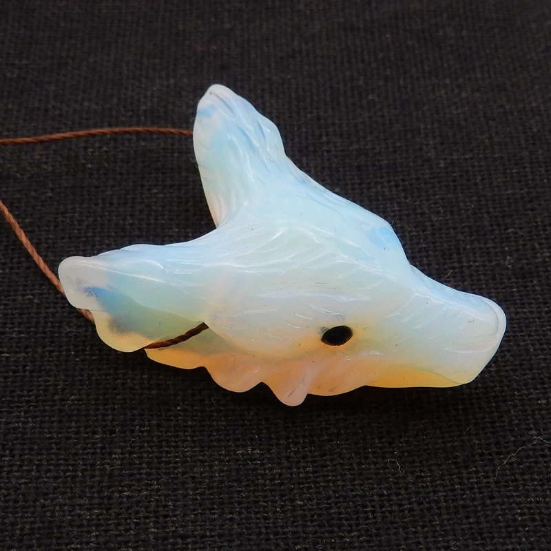 Customized Jewelry Handcarved Wolf Head Opalite Animal Necklace Accessories Pendant Bead 37x26x13mm 12g