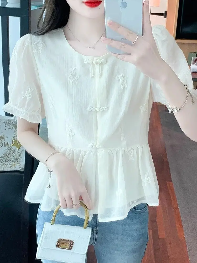 Nuova camicia in chiffon stile cinese per donna a maniche corte estiva nuova camicia con chiusura in vita