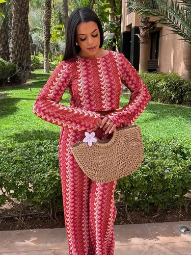 Imagen 2 del producto Conjuntos de pantalones de punto de ganchillo para mujer, trajes de 2 piezas, Top de manga larga a la moda, traje informal de dos piezas, 2025