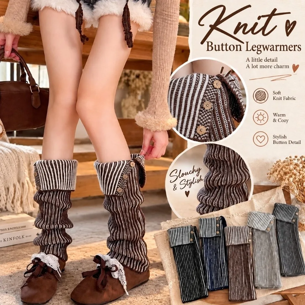 1 Pairr Cotton Blend Leg Warmer Vertical Striped Fold-Over Cuff Cuffed Leg Warmer Thickened Knit Decorative Button