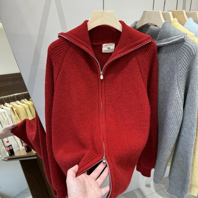 가을 신상 여성용 한리 한치 더블 지퍼 라펠 긴 소매 니트 가디건 심플하고 다재다능하며 까다롭지 않고 패셔너블하다