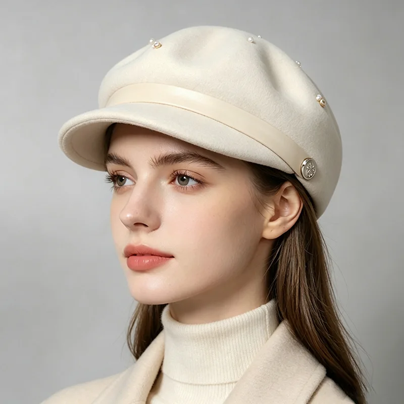 New French Woolen Felt Hat Wool Octagonal Hat for Women British Retro Autumn and Winter All-match Beret
