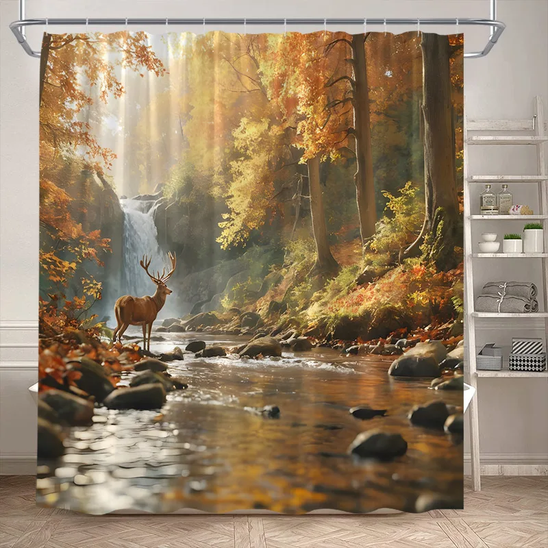 Autumn Forest Elk Shower Curtain Rustic Red Maple Trees Waterfall Wild Animals Fall Landscape Bath Curtains Home Bathroom Decor