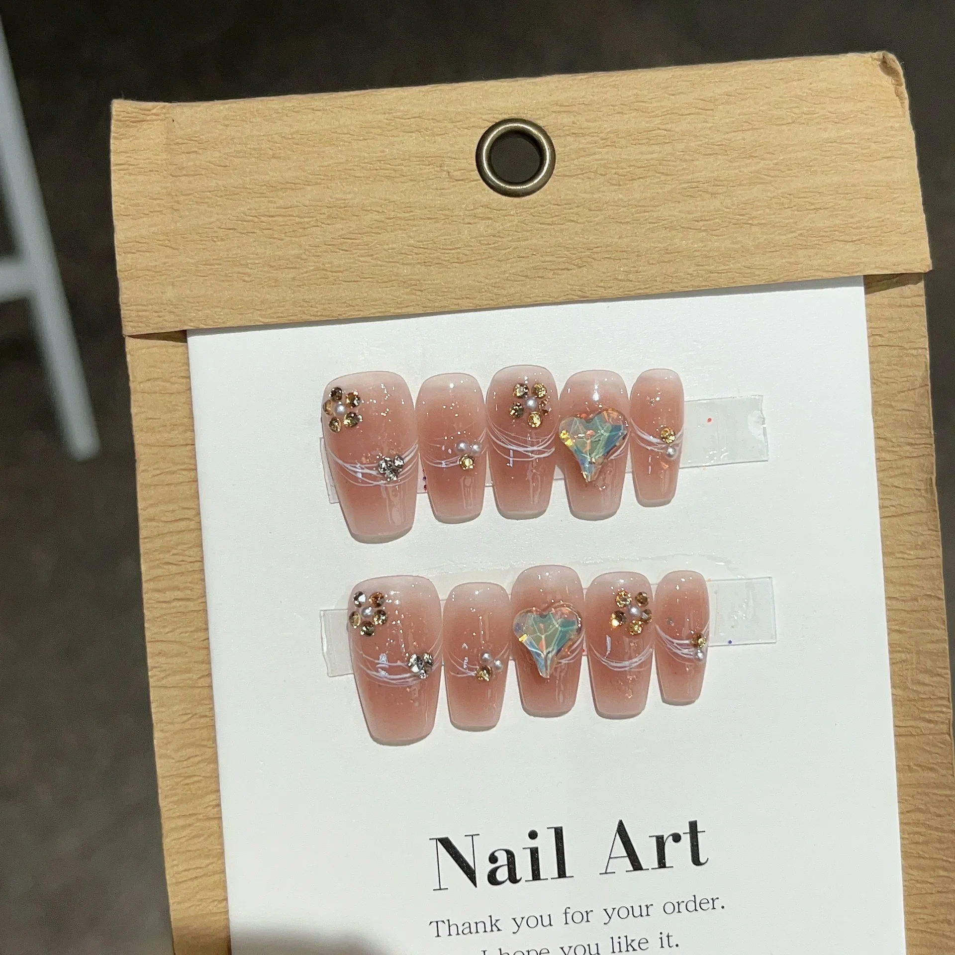 10pcs Blush Ice Transparent gradient pink 3D flower press on nails short acrylic fake handmade ballet false nails tips with glue