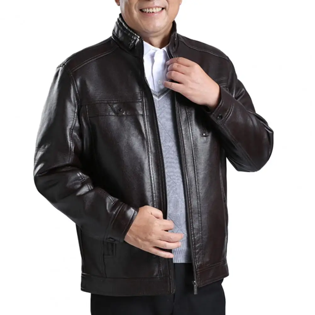 

Fall Men Jacket Men Faux Leather Jacket Mid-aged Men's Windproof Faux Leather Jacket with Plush Pockets Stand Collar