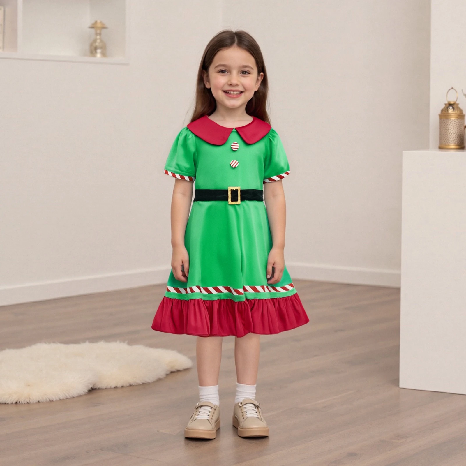 2-6Y Kids Little Girls Santa Claus Dress Christmas Short Sleeve Doll Collar A-line Dresses Cute Cirls Xmas Costume