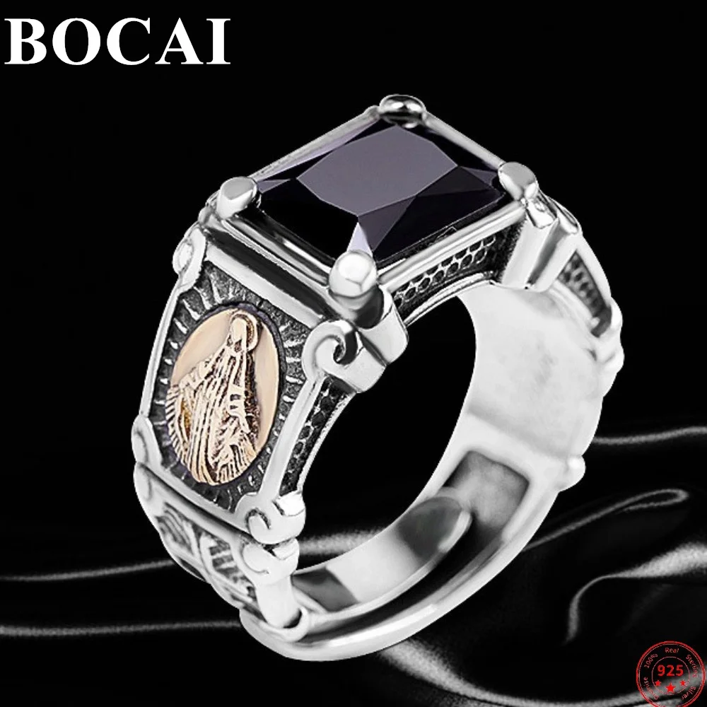 BOCAI S925 Sterling Silver Rings for Men 2023 New Fashion Black Agate Virgin Mary Pure Aargentum Popular Amulet Jewelry