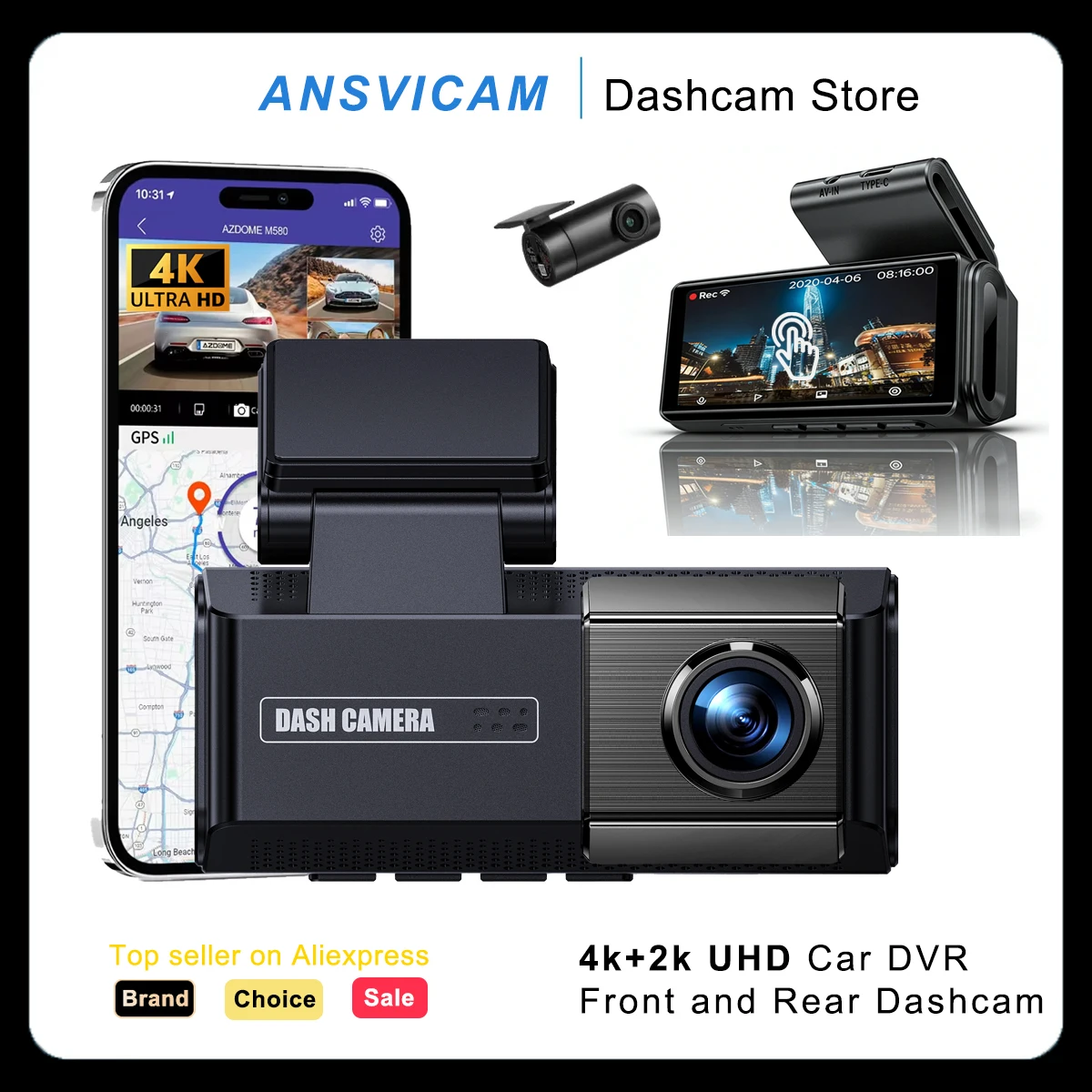 

ANSVICAM 4K Dash Cam Front and Rear Recorder Built-in GPS ADAS 2K Rear Camera Night Vision 24H Parking Mode WiFi App Control