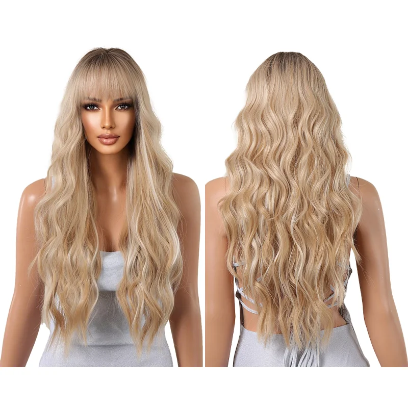 Women's Ombre Brown Blonde Balayage Long Wavy Full Wig with Bangs Natural Synthetic Wig for Daily Wear Party Halloween Universal