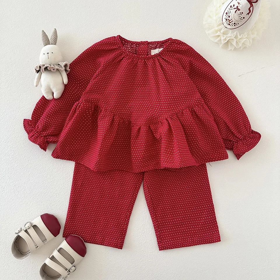 2026 KS Spring Baby Girls Strawberry Dots T Shirts Pants Suits Kids Clothes Girls Long Sleeve Cotton Cute Ruffled Tops Trousers