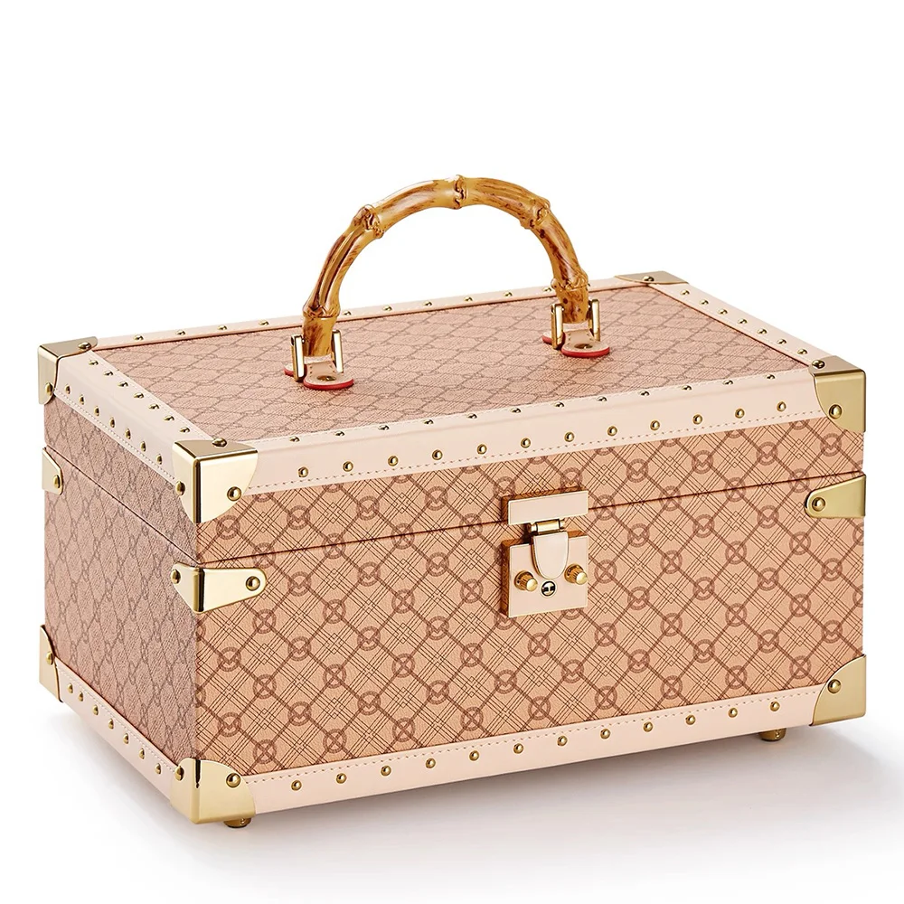 Vintage Rectangle Handmade Luxury Large Capacity Jewelry Storage Box Portable Lockable Bamboo Handle Rings Earrings Necklaces