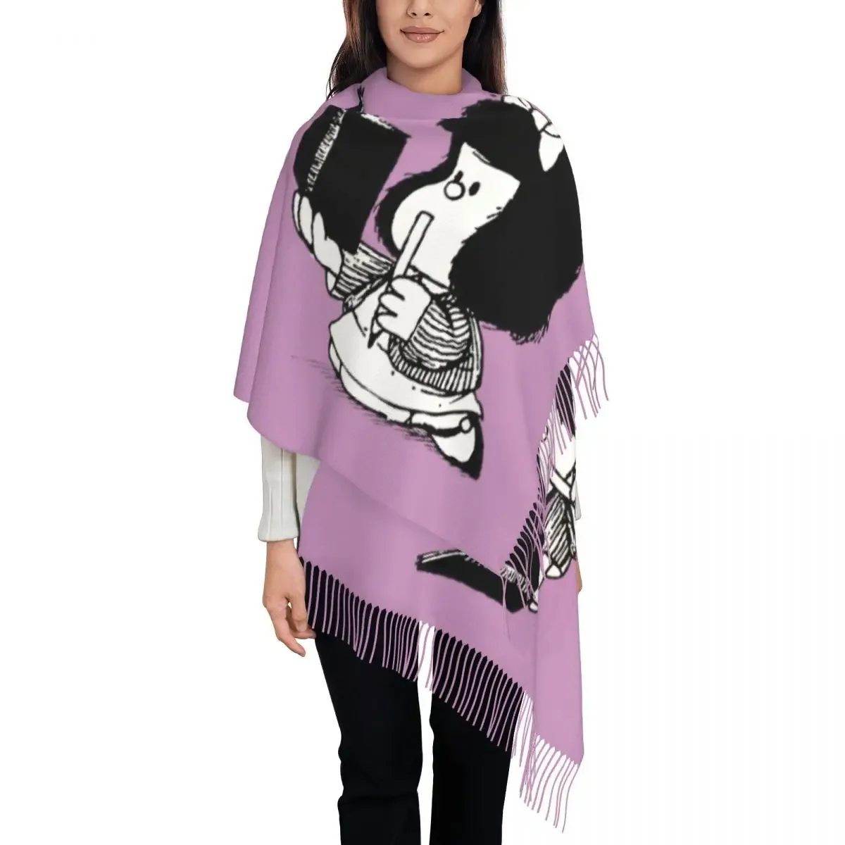 Custom Mafalda With Notebook Tassel Scarf Women Soft Quino Comic Cartoon Shawl Wrap Female Winter Scarves