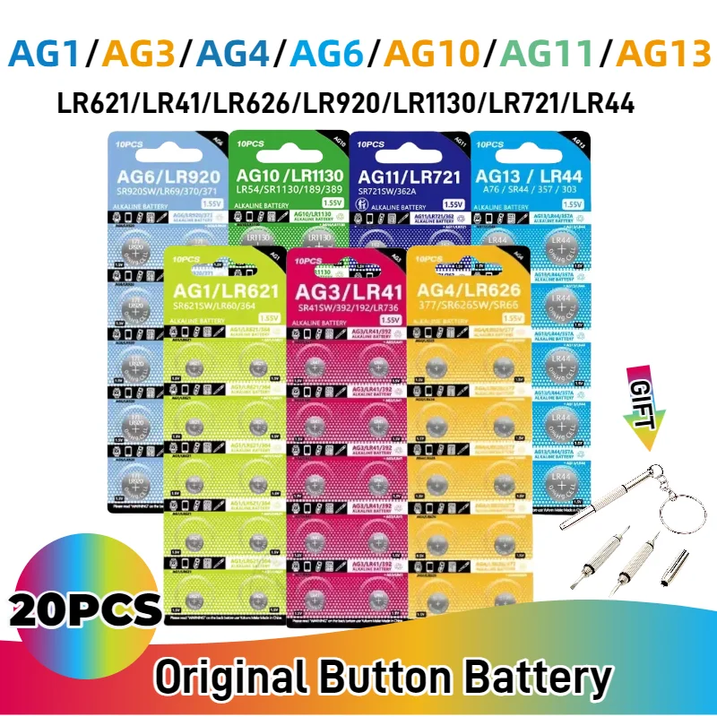 topHot 20PCS AG1 AG3 AG4 AG6 AG11 AG10 AG13 1.55V Alkaline Button Batteries LR920 LR41 LR626 LR1130 LR721 LR44 Watch Cell Coin