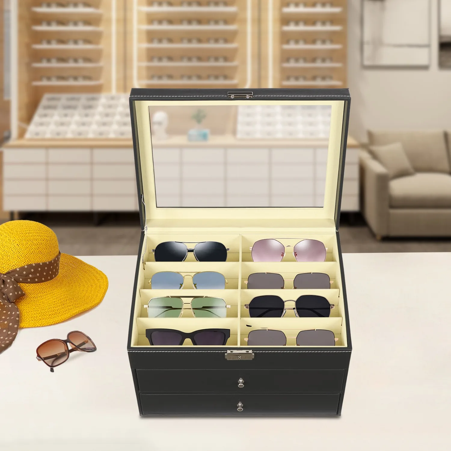 Sunglass Glasses Display Drawer with 3 Tier Design and 24 Individual Compartments,  Multiple Eyewear Display Case for Women Men