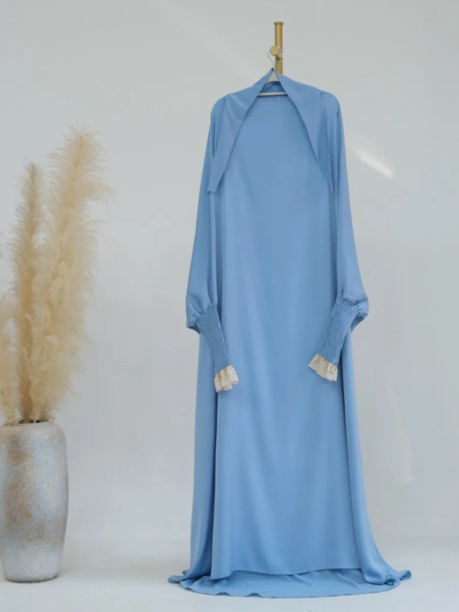 Eid Muslim Prayer Dress for Women Abaya Jilbab Jubha Robe Eid Prayer Garment Ramadan Lace Cuff Abayas Dubai Arab Long Robe 2024