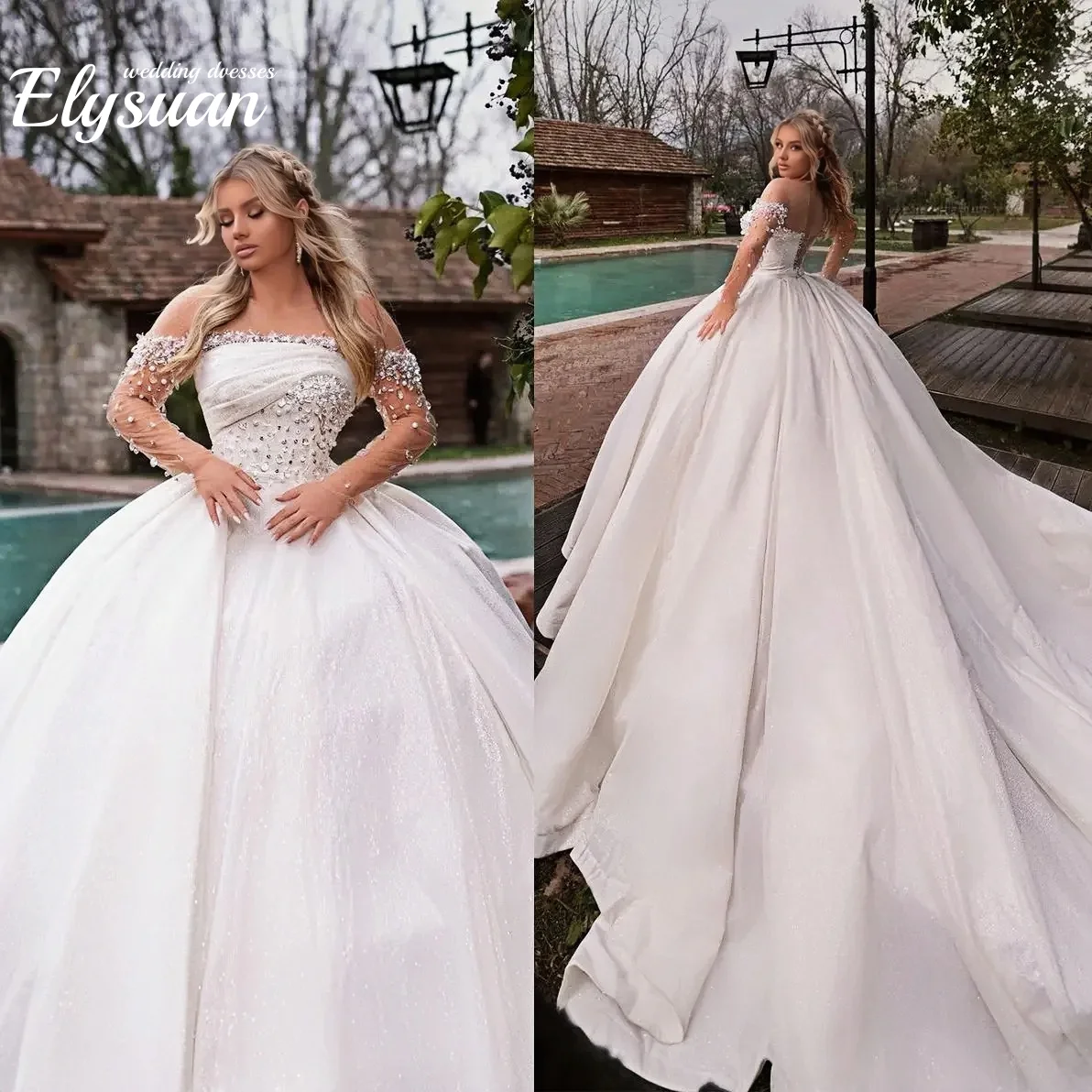 Maßgeschneiderte Perlenkristalle Arabische Gartenhochzeitskleider Ballkleid Schulterfrei Spitze Illusion Lange Ärmel Brautkleid