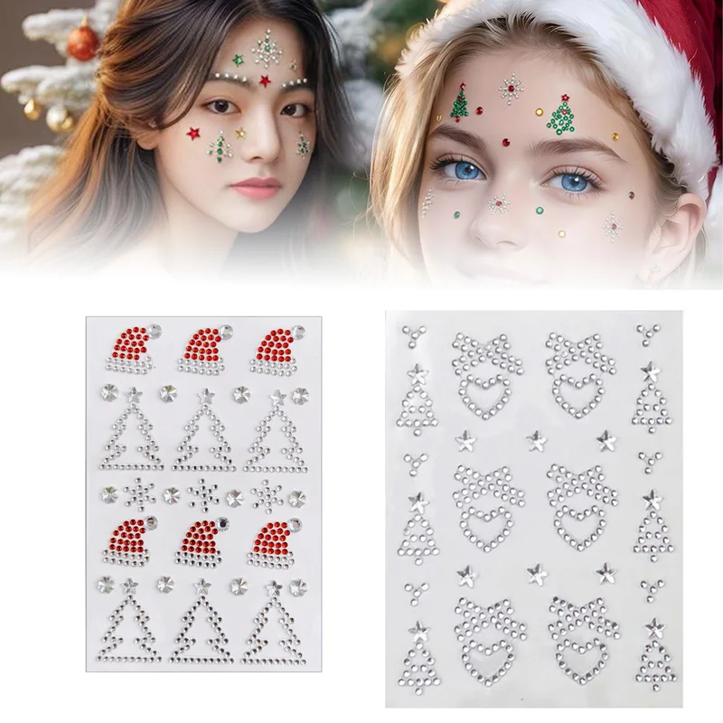 

Christmas Makeup White Snowflake Christmas Tree Stickers Rhinestone Eyes Face Temporary Tattoo Self Adhesive Patch Festival Stag