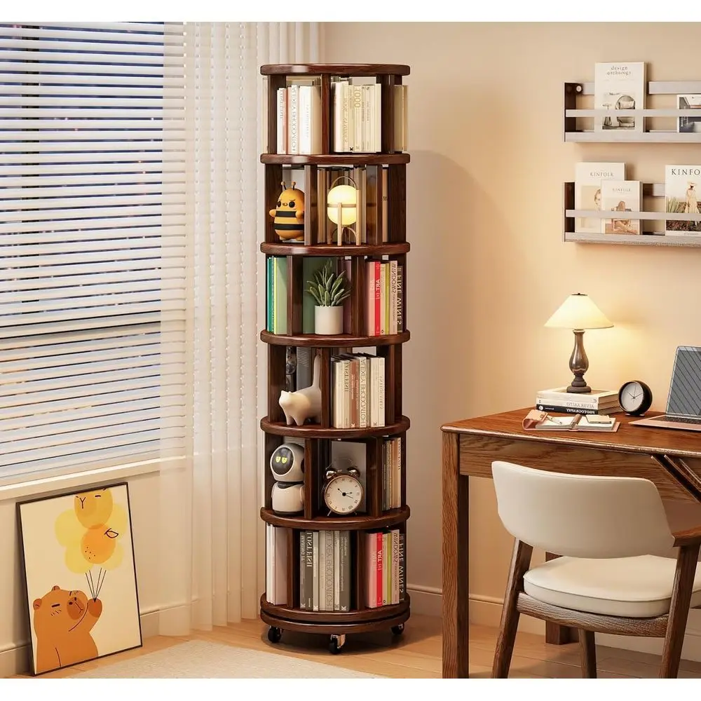 6 Tier Rotating Bookshel - 360° Solid Wood Spinning Book Shel Tower with Wheels - Rolling Revolving Bookcase or Small Spaces, ,
