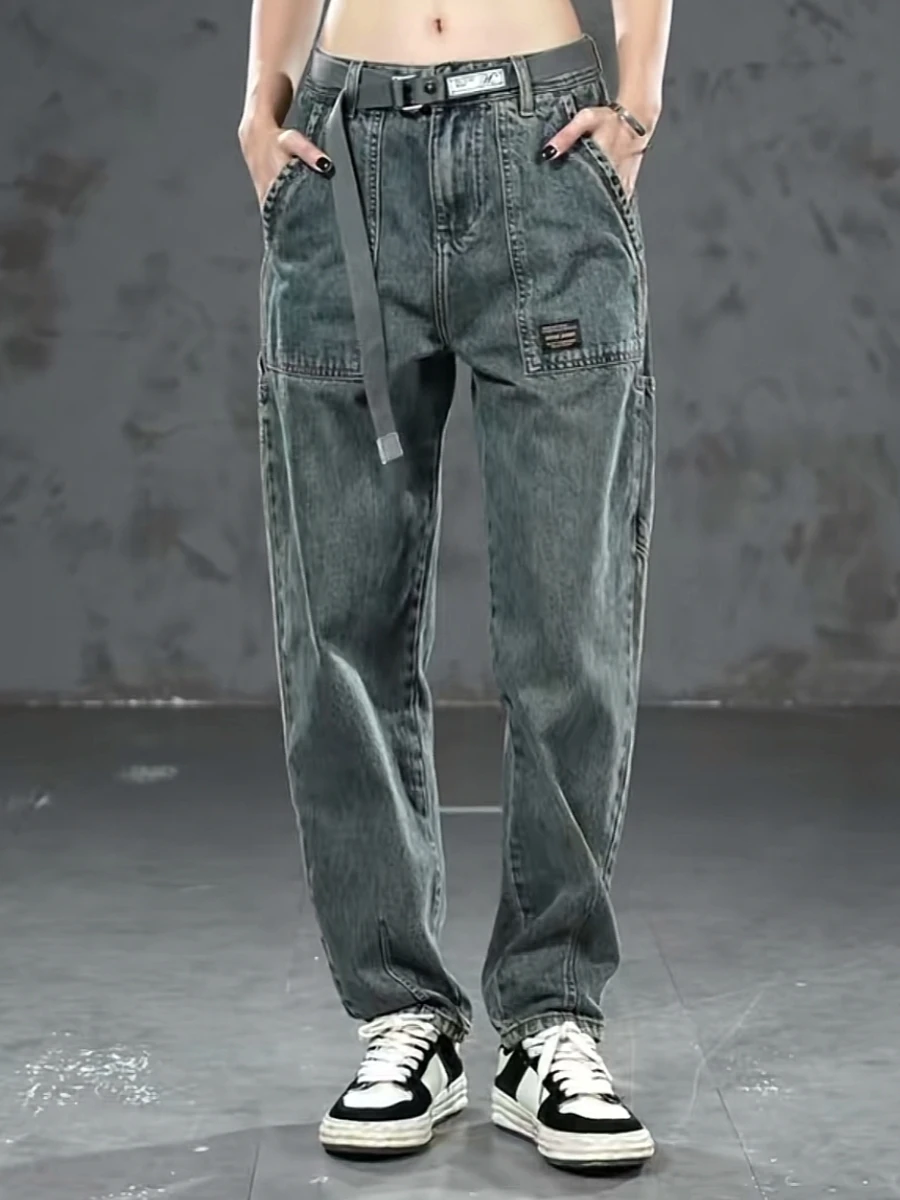 

Ретро джинсы в стиле пэчворк для мужчин, свободные прямые брюки, осенне-зимние модные брендовые винтажные джинсы с элементами пэчворка