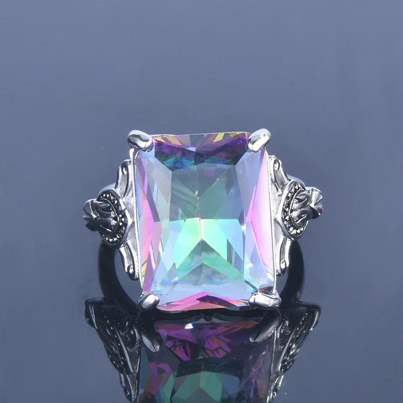 Colorful topaz square diamond silver ring, creative personality set with rainbow gemstones