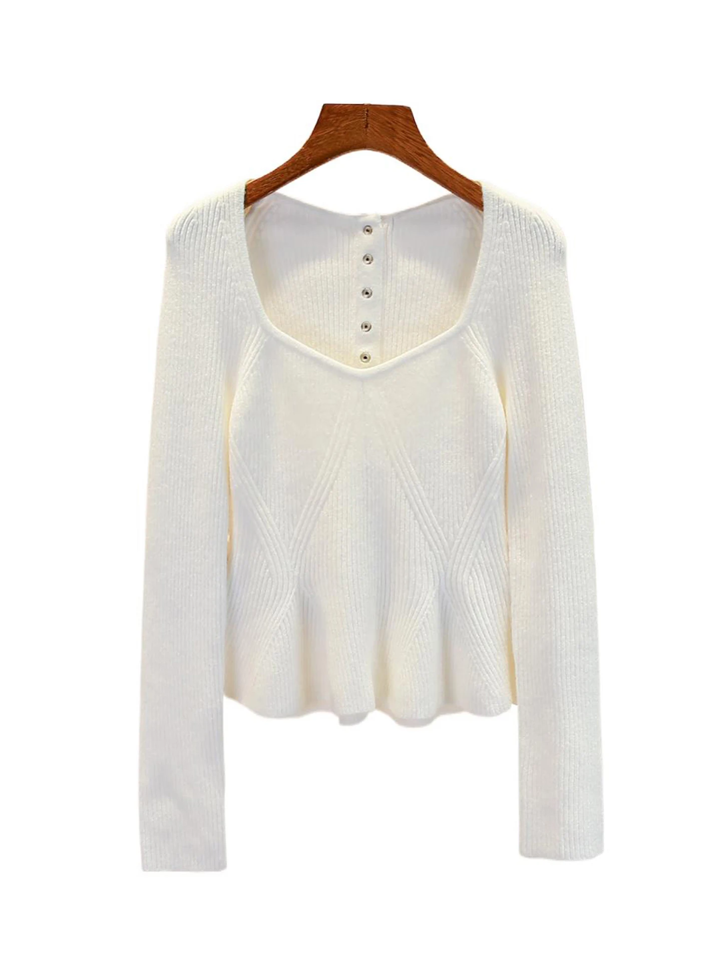 

M Home Nan You High End Women's Knitted Sweater Gentle Sle Square Collar Lace Hem Long Sve Top for Autumn Winter