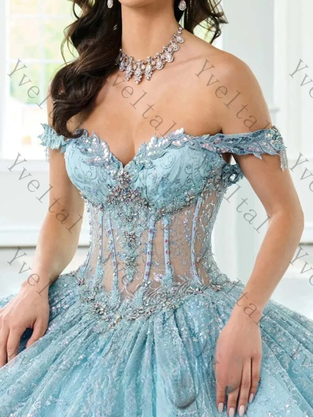 Customized Dignified Graceful Blue Quinceanera Dresses Exquisite Appliques Lace Crystals Beading Corset Vestidos Ball Gown