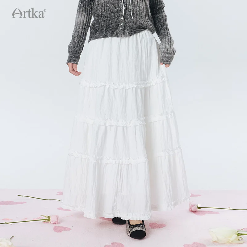

ARTKA 2025 Spring New Women Skirt Fashion Elegant High Waist Ruffles Skirts Long A-Line White Skirt Female QA92341Q