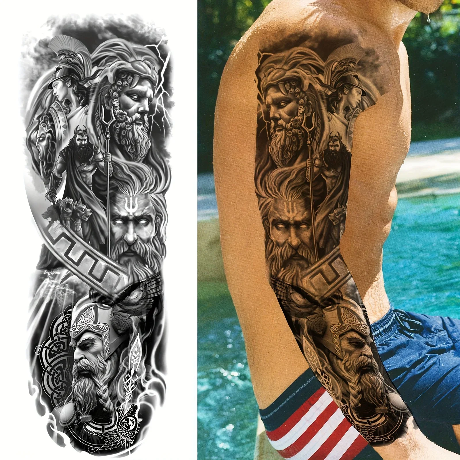 Zeus Warrior Greek Mythology Full Arm Temporary Tattoo - Realistic, Waterproof Body Art Sticker for Men & Women, Long-Lasting Knight Hero Design