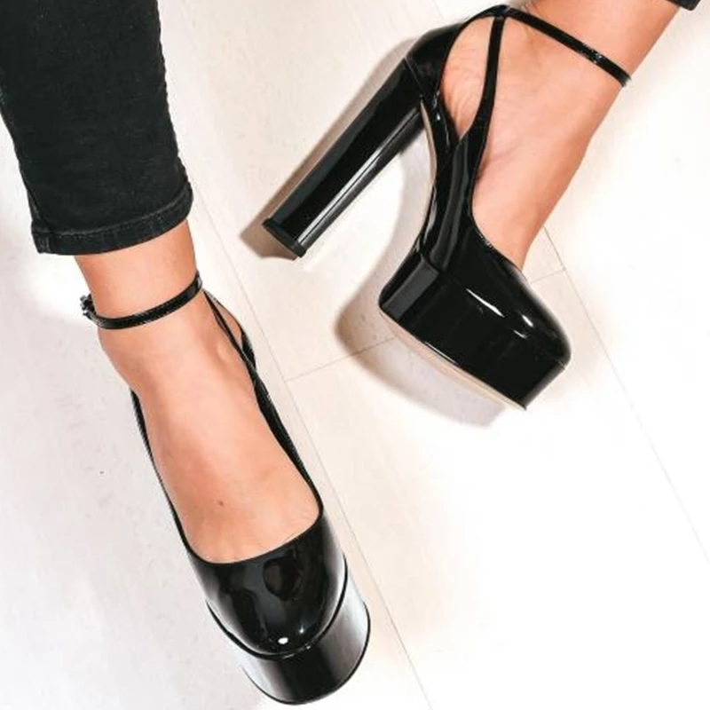

Black Patent Leather Ankle Strap Chunky Heels Pump Round Toe Buckle Block Heels Cutouts Platform Women Formal Dress Shoes