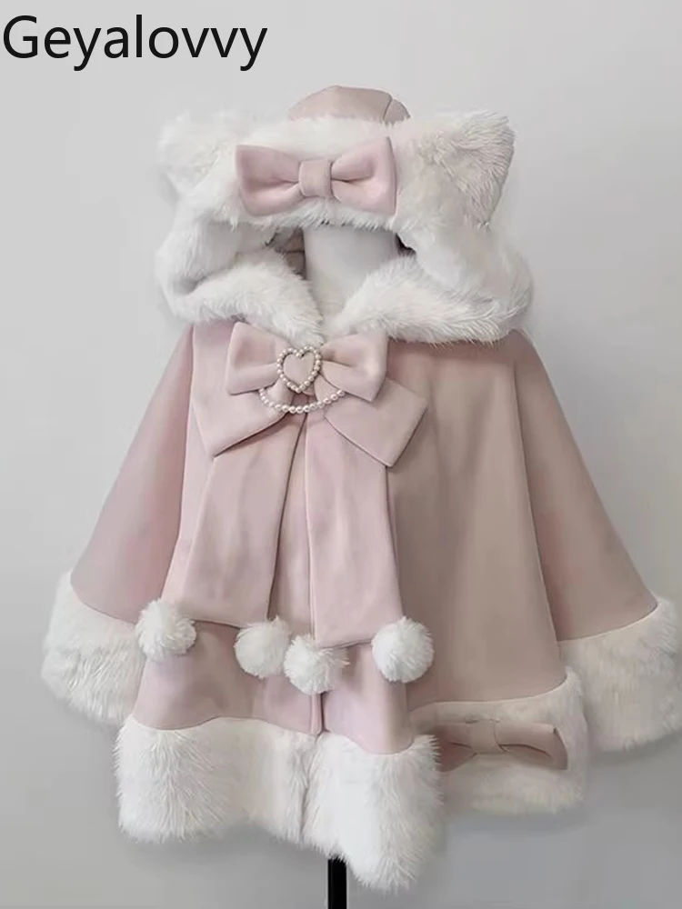 

Cat Ear Bowknot Patchwork Hooded Cape Woolen Coat Lolita Cute Sweet Girls Autumn Winter Versatile Short Caloak Ponchos
