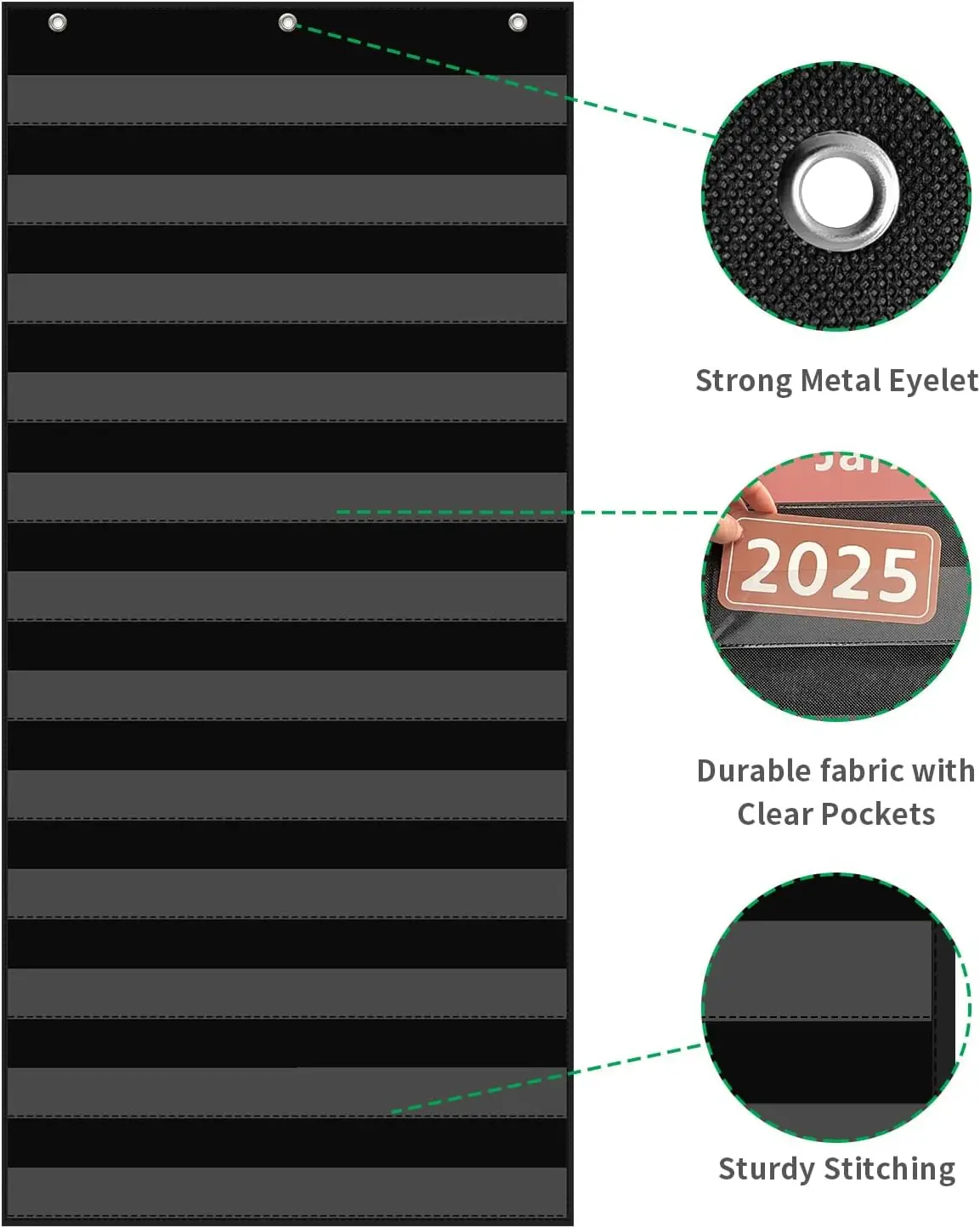 مخطط جيب لكلمات الفصل الدراسي مع 12 جيبًا شفافًا، مخطط جيب قياسي أسود للفصل الدراسي والمنزل لشرائط الجملة