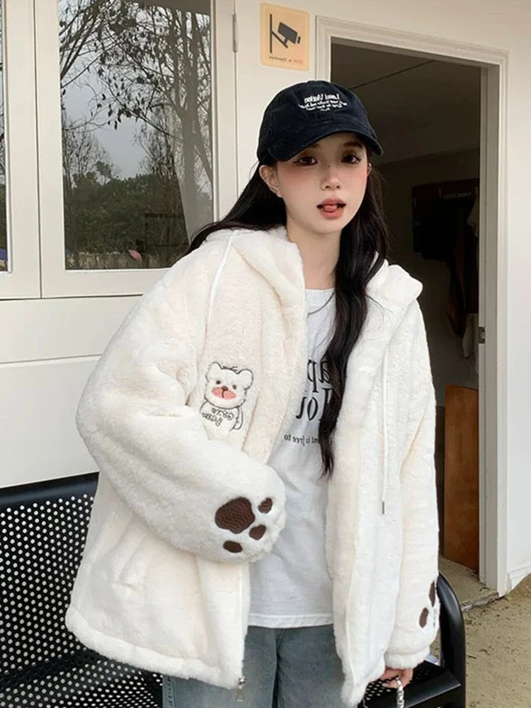 

Winter Warm Faux Lamb Cute Hoodies Women Loose Kawaii Cartoon Preppy Style Sweet Coat Japan Casual Long Sleeve Vintage Warm Tops