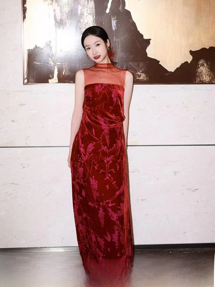 

Ele Red Qipao Evening Dr Wedding Ceremony Women's New Bride Drinking Ceremony High Waist Long Skirt Ball Gown