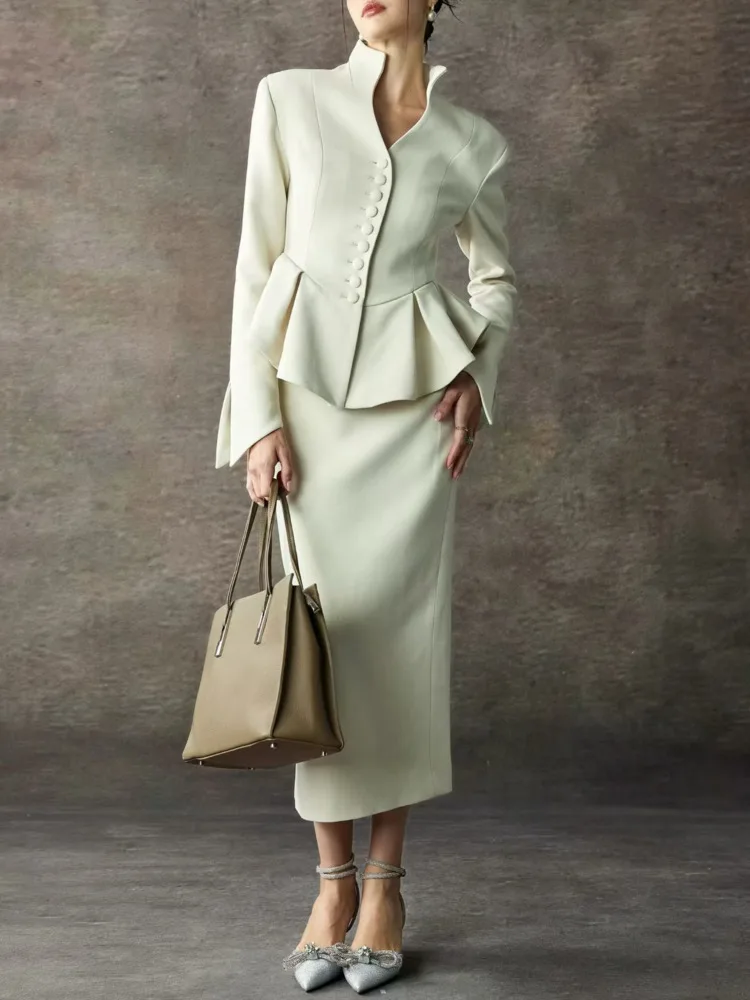 QMQA Fashion Women's Spliced Button Slimming Two Piece Set Stand Collar Long Sleeve Jacket High Waist Midi Skirt Solid Sets 2027