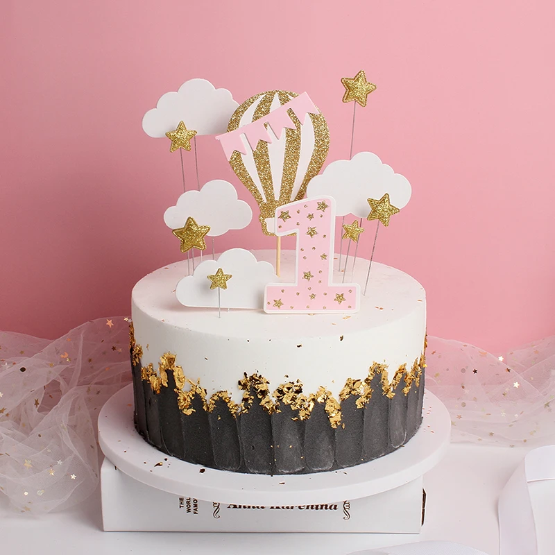 Hot air balloon Cake Topper One Year Old Cloud Star Happy Birthday Wedding Anniversary Party Baby Shower Baking Cake  DIY Decor