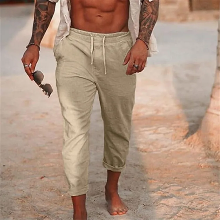 

Men's Summer Linen Solid-Color Drawstring Loose Casual Beach Pants
