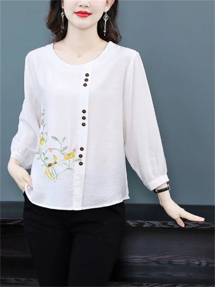 Cotton Embroidery Blouse Women Shirt 3/4 Sleeve Shirt Summer Pullover O-neck Loose Vintage Woman Clothes Blous Thin Female Shirt