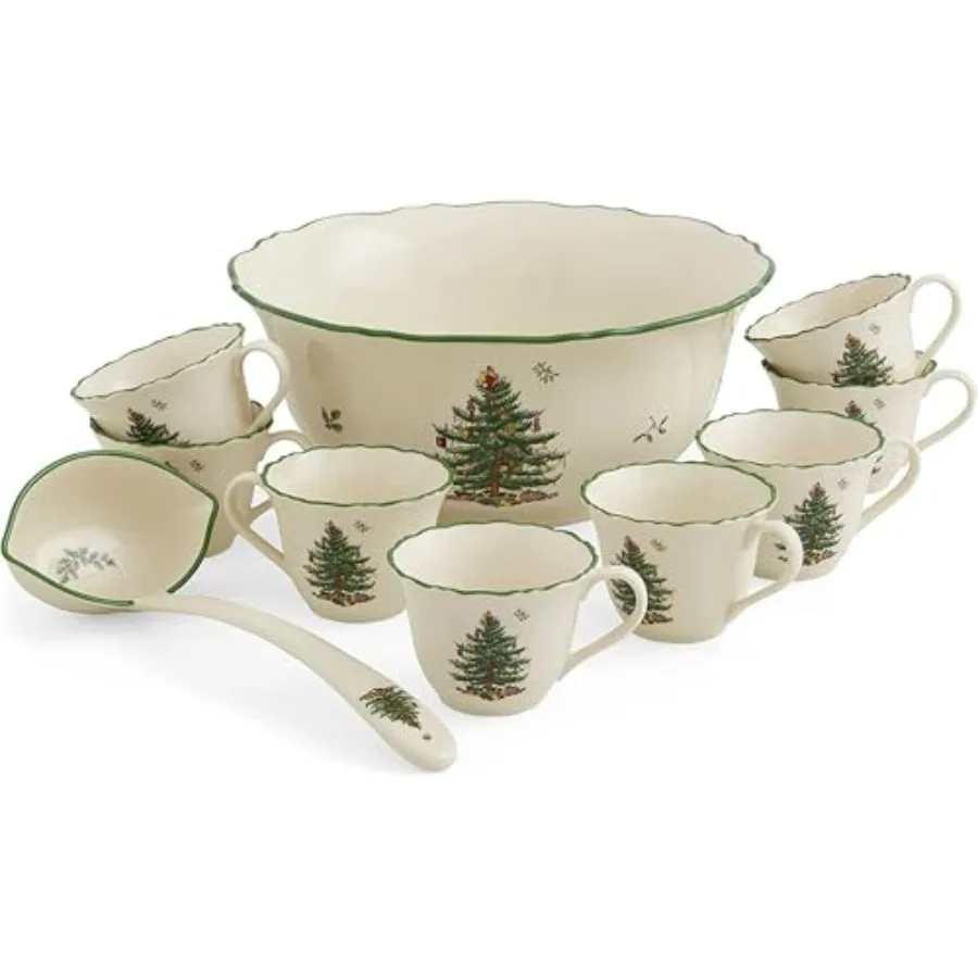 

Christmas Tree 10 Piece Punch Bowl Set Made of Fine Porcelain Includes 1 Punch Bowl 1 Ladle 8 Punch Cups Punch Bowl is 11Inch P