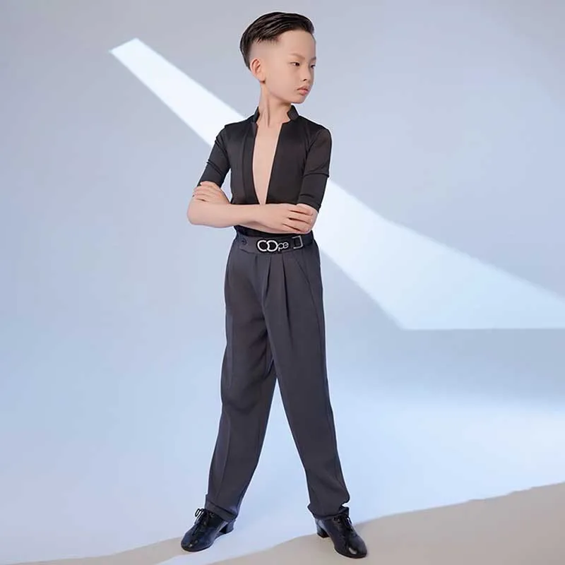 Latin Dance Costume Boys Ballroom Tango Samba Competition Suit Dancewear Performance Costume Summer Deep V-Neck Tops Pants MY351